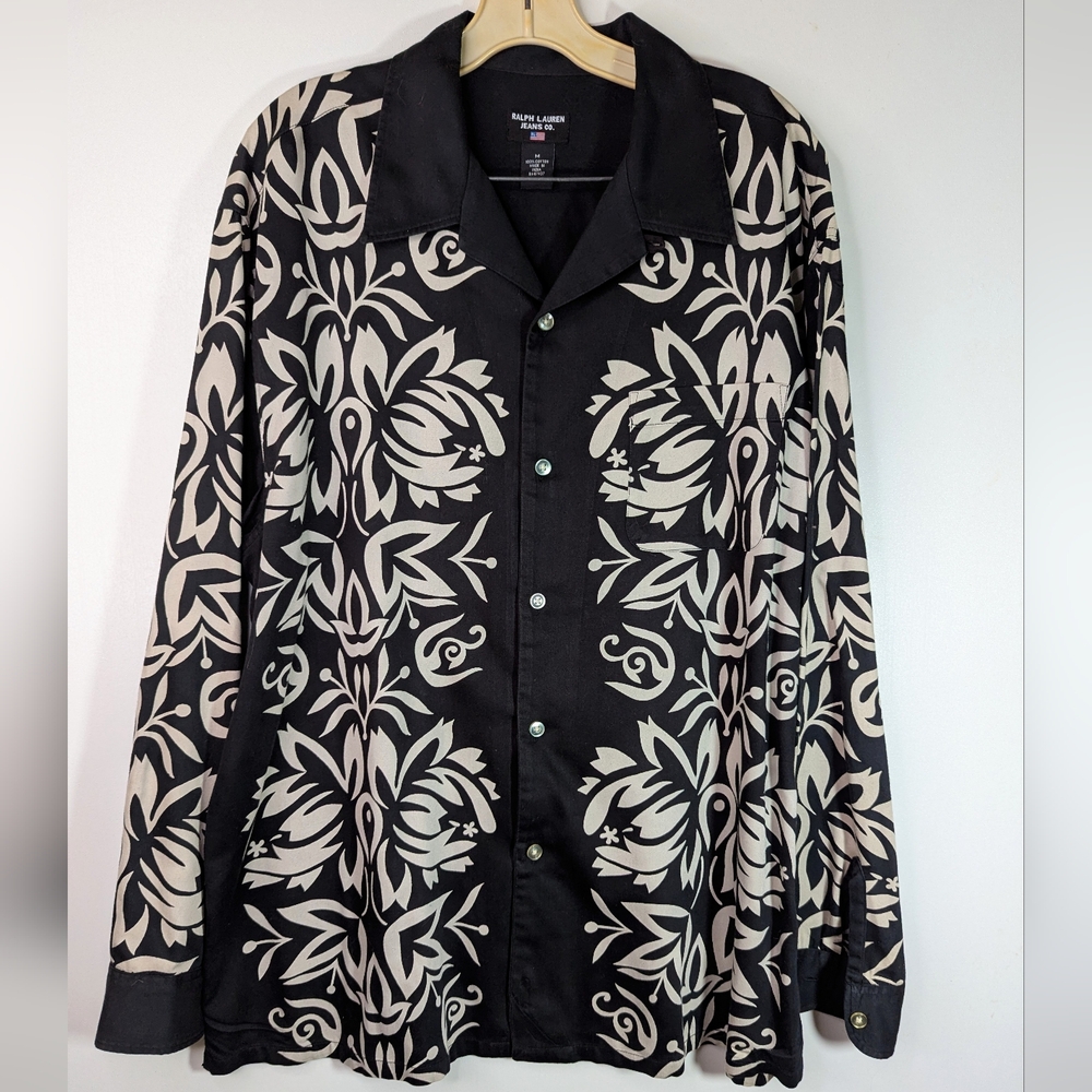 Ralpjh Lauren Mens L Hawiian Shirt Black White Long Sleeve Pocket